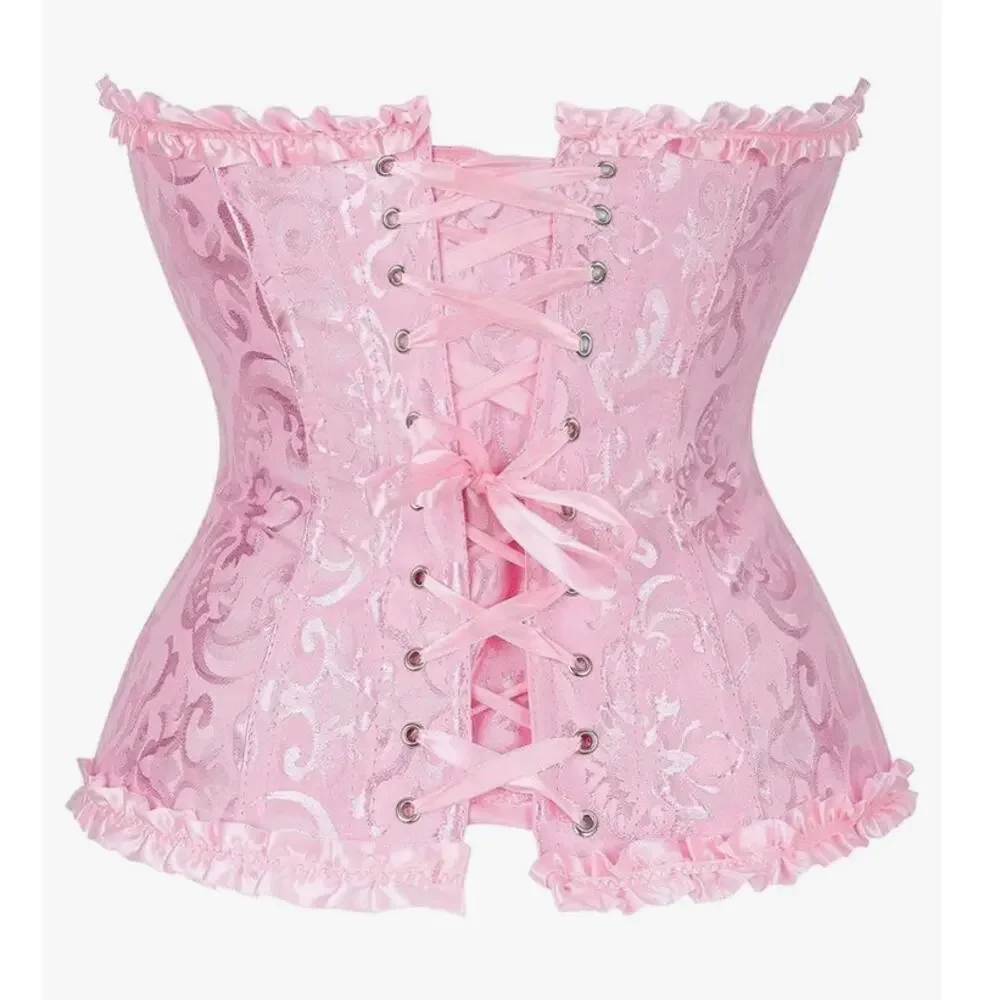 Pink Floral Jacquard Bustier Lace Up Corset Top Ruffle Hem Castle Fairy Small - Picture 3 of 14